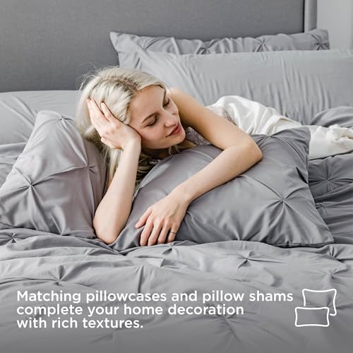 Bedsure Queen Comforter Set Grey - Bed in a Bag Queen Size 7 Pieces. GentleSoft™ Pintuck Bed Set Gift for Family. Pinch Pleat Grey Comforter with Sheets. Pillowcases & Shams