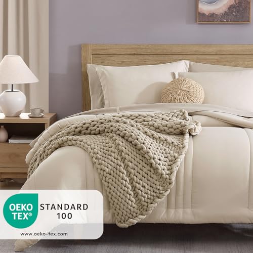 Monbix Full Comforter Set - 7 Pieces Apricot Beige Bed in a Bag Full Size Bedding Sets with Comforters. All Seasons Down Alternative Comforter with Sheets.Pillowcases & Shams