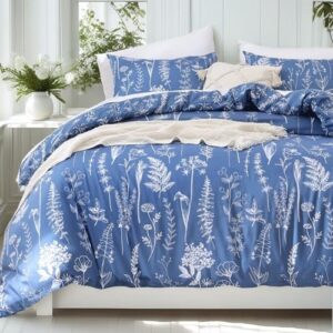 JANZAA Full Comforter Set Infinity Blue Comforter Floral Bedding Sets 3 Pieces Flowers Bed Comforter 1 Soft Reversible Cute Botanical with 2 Pillow Shams