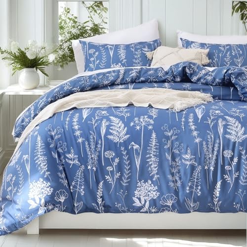 JANZAA Full Comforter Set Infinity Blue Comforter Floral Bedding Sets 3 Pieces Flowers Bed Comforter 1 Soft Reversible Cute Botanical with 2 Pillow Shams