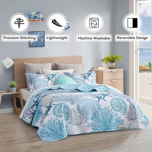 Tritard 3 Piece Coastal Quilt Sets King Size - Reversible Microfiber Quilts with 2 Shams Soft Lightweight Beach Bedding Nautical Bedspread Coverlet Summer Comforter Set for All Season. 106''x96''