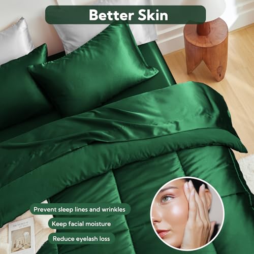 MR&HM Queen Comforter Set Dark Green. Reversible Satin Microfiber Comforter Set for All Seasons. 3 Pieces Non-Slip Silky Soft Bedding Sets with 1 Comforter (90x90) and 2 Pillowcases (20x26)