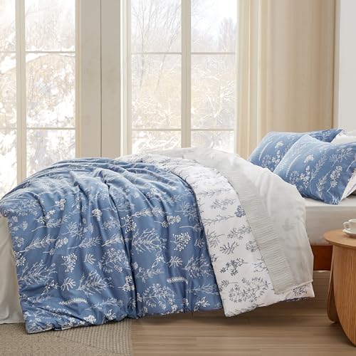 Bedsure Queen Comforter Set - Infinity Blue Bed Set. 3 Pieces Cute Floral Bedding. 1 Soft Reversible Botanical Flowers Comforter and 2 Pillow Shams