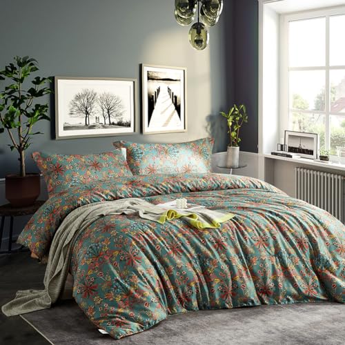 mixinni Farmhouse Boho Comforter Set Queen Size - 3 Piece Lightweight All Season Bedding Set with Fluffy Comforter & 2 Pillow Shams. Floral Botanical Design. Soft Breathable Microfiber