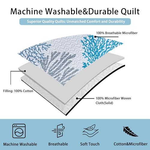 Tritard 3 Piece Coastal Quilt Sets King Size - Reversible Microfiber Quilts with 2 Shams Soft Lightweight Beach Bedding Nautical Bedspread Coverlet Summer Comforter Set for All Season. 106''x96''
