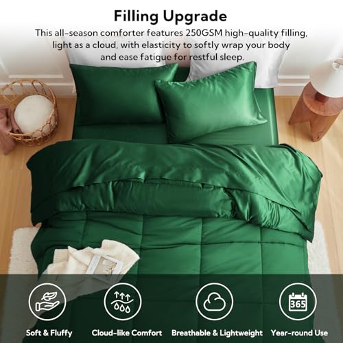 MR&HM Queen Comforter Set Dark Green. Reversible Satin Microfiber Comforter Set for All Seasons. 3 Pieces Non-Slip Silky Soft Bedding Sets with 1 Comforter (90x90) and 2 Pillowcases (20x26)