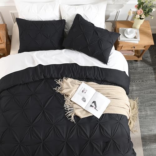Andency Black Pinch Pleat Comforter Queen(90x90Inch). 3 Pieces(1 Pintuck Comforter and 2 Pillowcases) Pintuck Comforter Set. Microfiber All Season Down Alternative Bedding Set