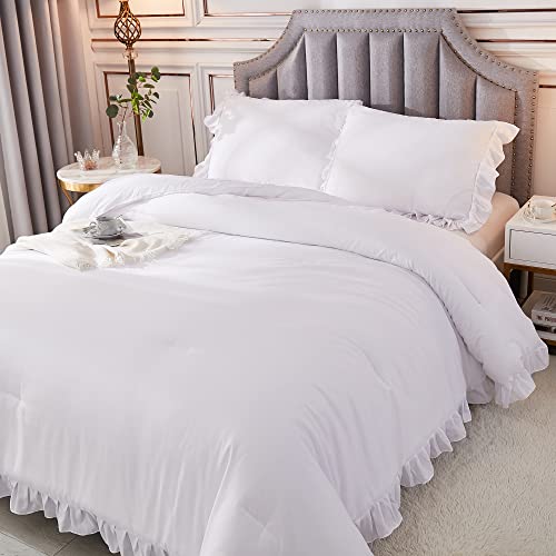 Andency White Comforter Full Size. 3 Pieces Solid Farmhouse Shabby Chic Ruffle Bedding Sets. All Season Soft Lightweight Comfy Down Alternative Bed Set for Girls Teens Men Women