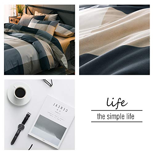 MKXI Plaid Comforter Set Queen Size. Geometric Checkered 3 Pieces Bedding Set Men Boys. Modern Style Comforter with 2 Pillow Shams All Season Soft Fluffy Bedding Set-(Tan.Dark Blue Grey.Khaki)