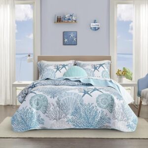 Tritard 3 Piece Coastal Quilt Sets King Size - Reversible Microfiber Quilts with 2 Shams Soft Lightweight Beach Bedding Nautical Bedspread Coverlet Summer Comforter Set for All Season. 106''x96''