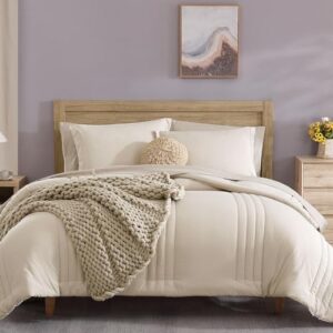 Monbix Full Comforter Set - 7 Pieces Apricot Beige Bed in a Bag Full Size Bedding Sets with Comforters. All Seasons Down Alternative Comforter with Sheets.Pillowcases & Shams