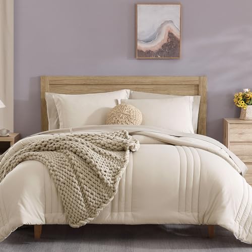 Monbix Full Comforter Set - 7 Pieces Apricot Beige Bed in a Bag Full Size Bedding Sets with Comforters. All Seasons Down Alternative Comforter with Sheets.Pillowcases & Shams
