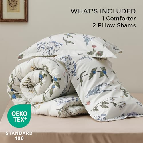 Bedsure Comforter Set Queen Size - Cute Floral Bedding Comforter Set. 3 Pieces. 1 Soft Reversible Coconut White Botanical Flowers Comforter and 2 Pillow Shams