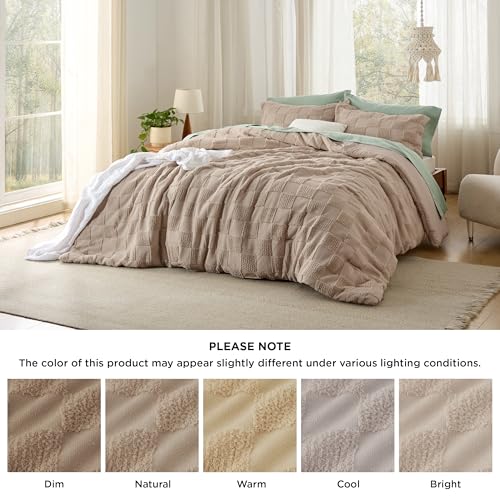 Bedsure Queen Size Comforter Set Khaki. Boho Tufted Bed Set. Checkered Farmhouse Shabby Chic Bedding. 3 Pieces. 1 Plaid Geometric Comforter and 2 Pillow Shams