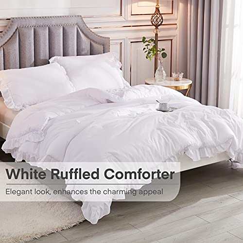 Andency White Comforter Full Size. 3 Pieces Solid Farmhouse Shabby Chic Ruffle Bedding Sets. All Season Soft Lightweight Comfy Down Alternative Bed Set for Girls Teens Men Women