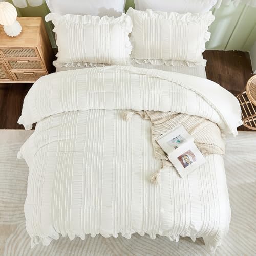 WONGS BEDDING White Comforter Set Twin. 3 Pieces Ruffle Farmhouse Shabby Chic Comforter for Twin Bed. Soft Seersucker Bedding Set with 1 Ruffle Comforter. 2 Tufted Pillowcases 86×68