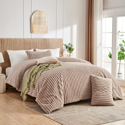 Soft Fluffy Rabbit Fur Comforter Set Shaggy Faux Fur Striped Bedding Set with Pillowcase Winter Warm Plush Fuzzy Bed Set 3 Piece(Khaki. Queen)