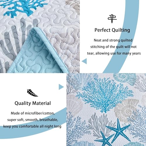 Tritard 3 Piece Coastal Quilt Sets King Size - Reversible Microfiber Quilts with 2 Shams Soft Lightweight Beach Bedding Nautical Bedspread Coverlet Summer Comforter Set for All Season. 106''x96''