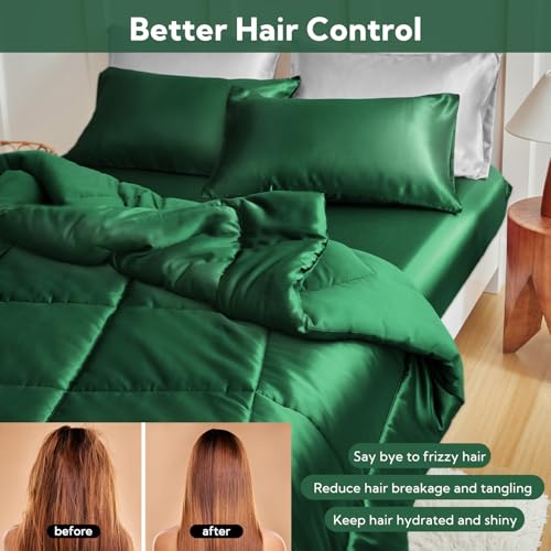 MR&HM Queen Comforter Set Dark Green. Reversible Satin Microfiber Comforter Set for All Seasons. 3 Pieces Non-Slip Silky Soft Bedding Sets with 1 Comforter (90x90) and 2 Pillowcases (20x26)