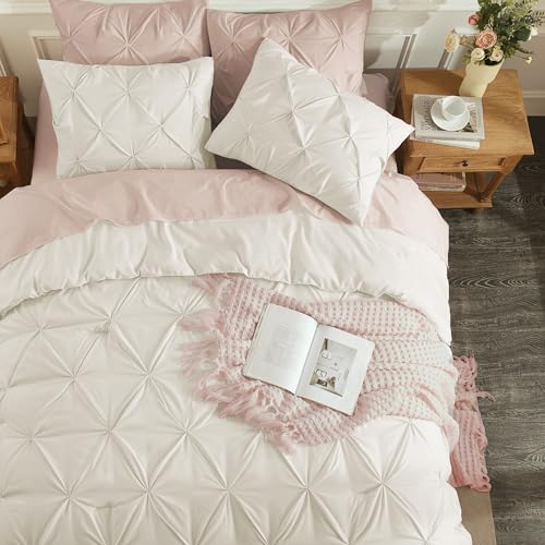 Andency Beige Comforter King (104x90Inch). 3 Pieces Pinch Pleat Lightweight Soft Comforter Set. All Season Pintuck Microfiber Bedding Set