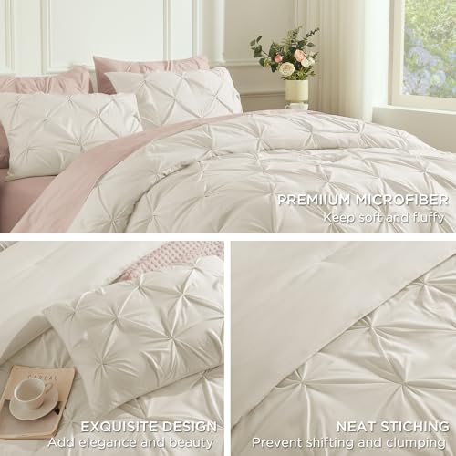 Andency Beige Comforter King (104x90Inch). 3 Pieces Pinch Pleat Lightweight Soft Comforter Set. All Season Pintuck Microfiber Bedding Set