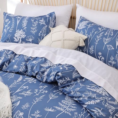 JANZAA Full Comforter Set Infinity Blue Comforter Floral Bedding Sets 3 Pieces Flowers Bed Comforter 1 Soft Reversible Cute Botanical with 2 Pillow Shams