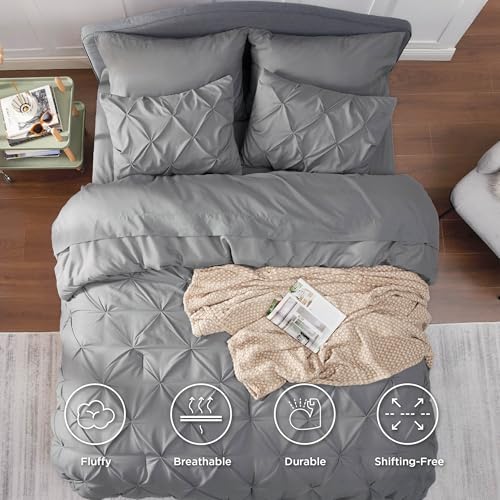 Bedsure Queen Comforter Set Grey - Bed in a Bag Queen Size 7 Pieces. GentleSoft™ Pintuck Bed Set Gift for Family. Pinch Pleat Grey Comforter with Sheets. Pillowcases & Shams