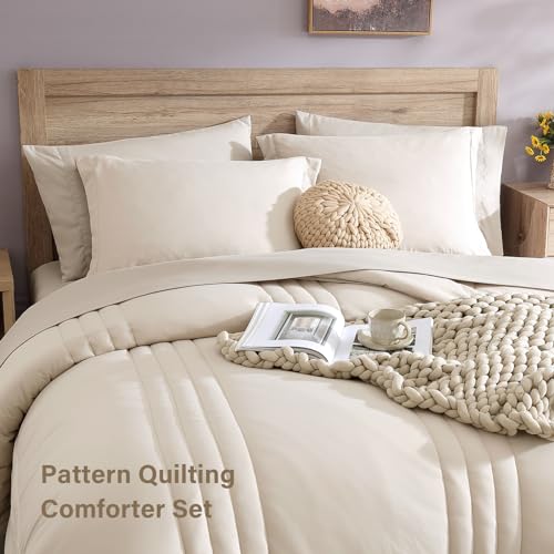 Monbix Full Comforter Set - 7 Pieces Apricot Beige Bed in a Bag Full Size Bedding Sets with Comforters. All Seasons Down Alternative Comforter with Sheets.Pillowcases & Shams