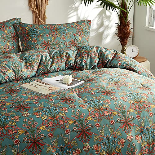 mixinni Farmhouse Boho Comforter Set Queen Size - 3 Piece Lightweight All Season Bedding Set with Fluffy Comforter & 2 Pillow Shams. Floral Botanical Design. Soft Breathable Microfiber