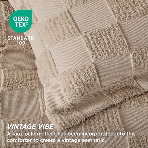 Bedsure Queen Size Comforter Set Khaki. Boho Tufted Bed Set. Checkered Farmhouse Shabby Chic Bedding. 3 Pieces. 1 Plaid Geometric Comforter and 2 Pillow Shams