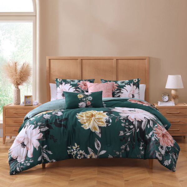 Bebejan Wild Flowers on Teal 5 Piece Reversible Comforter Set